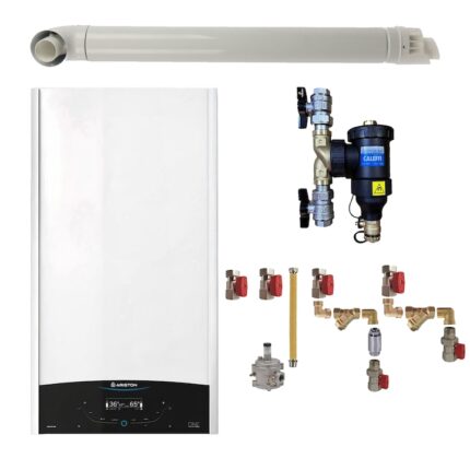 Pachet centrala termica in condensare Ariston GENUS ONE+ WI-FI 24, 24 kW, gaz natural + GPL, murala, WI-FI, filtru antimagnetita Caleffi Dirtmag 3/4", kit montaj complet RTM si kit evacuare RTM incluse