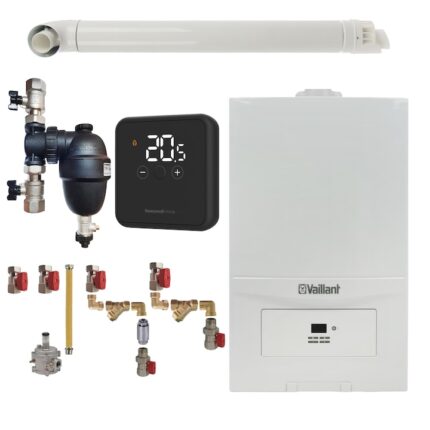 Pachet centrala termica Vaillant VUW 236/7-2 ecoTEC Pure 23 kW, gaz natural + GPL, murala, termostat Honeywell wireless DT4R, filtru antimagnetita Fernox F1 Sigma, kit montaj complet RTM si kit evacuare RTM incluse