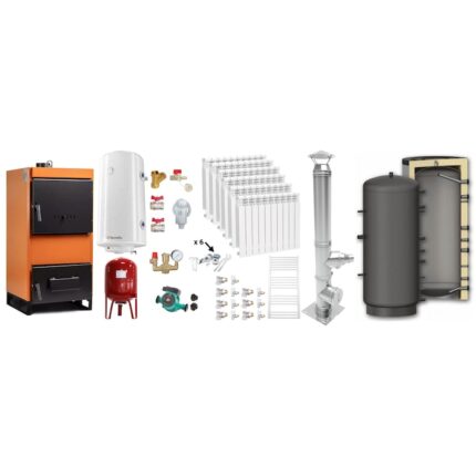 Set Centrala pe combustibil solid Fiama W 35 kW, Puffer 1000 litri, Cos inox, Calorifere aluminiu, Boiler Termoelectric, Vas Expansune, Pompa si Fitinguri Montaj