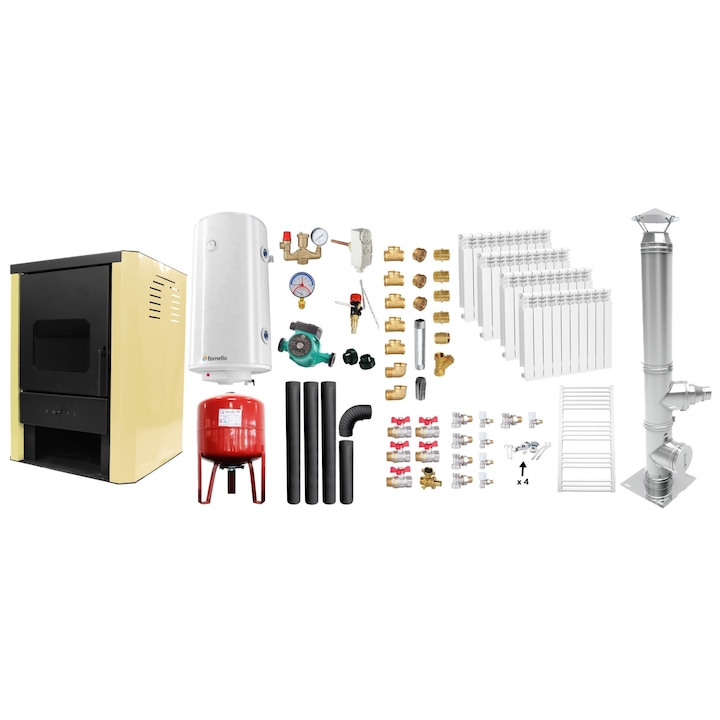 Set Termosemineu pe lemne, brichete si carbune Fornello Rimini Ivory 18 kW, Cos Inox, Kit evacuare, Calorifere, Boiler, Vas Expansiune, Pompa si Fitinguri
