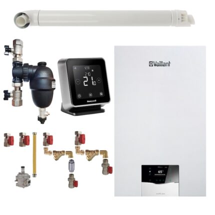 Pachet centrala termica Vaillant VUW 26CS/1-5 ecoTEC Plus 21 kW, termostat Wi-Fi Honeywell Lyric T6R, filtru antimagnetita Fernox F1 Sigma, kit montaj complet RTM si kit evacuare RTM incluse