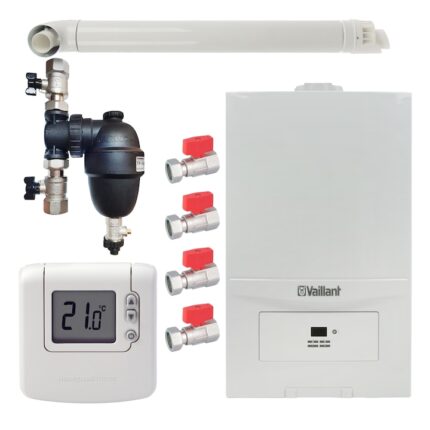 Pachet centrala termica Vaillant VUW 236/7-2 ecoTEC Pure 23 kW, gaz natural + GPL, murala, termostat Honeywell wireless DT92, filtru antimagnetita Fernox F1 Sigma, set robineti Fornara si kit evacuare RTM incluse