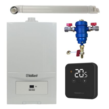 Pachet centrala termica Vaillant VUW 286/7-2 ecoTEC Pure 28 kW, gaz natural + GPL, murala, termostat Honeywell DT4R, filtru antimagnetita RTM 3/4" si kit evacuare RTM incluse