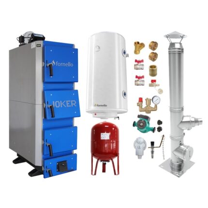 Set centrala pe combustibil solid, (lemn, carbune), Fornello Joker 55 kW, Cos Inox, Boiler, Vas Expansiune, Pompa, Fitinguri Montaj