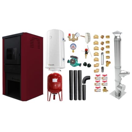 Set Termosemineu pe lemne, brichete si carbune Fornello Monza Bordeaux 27 kW, Cos inox, Kit evacuare interior, Boiler, Vas Expansiune, Pompa si Fitinguri