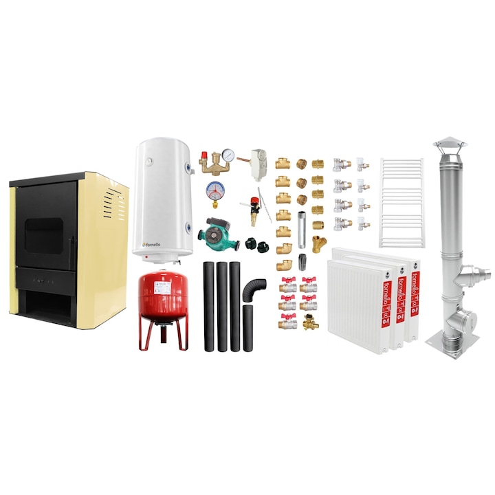 Set Pachet Termosemineu pe lemne, brichete si carbune Fornello Rimini Ivory 18 kW, Radiatoare, Cos Inox, Kit evacuare, Boiler, Vas Expansiune, Pompa si Fitinguri