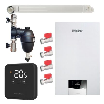 Pachet centrala termica Vaillant VUW 36CS/1-5 ecoTEC Plus 33.3 kW, termostat Honeywell wireless DT4R, filtru antimagnetita Fernox F1 Sigma, set robineti Fornara si kit evacuare RTM incluse