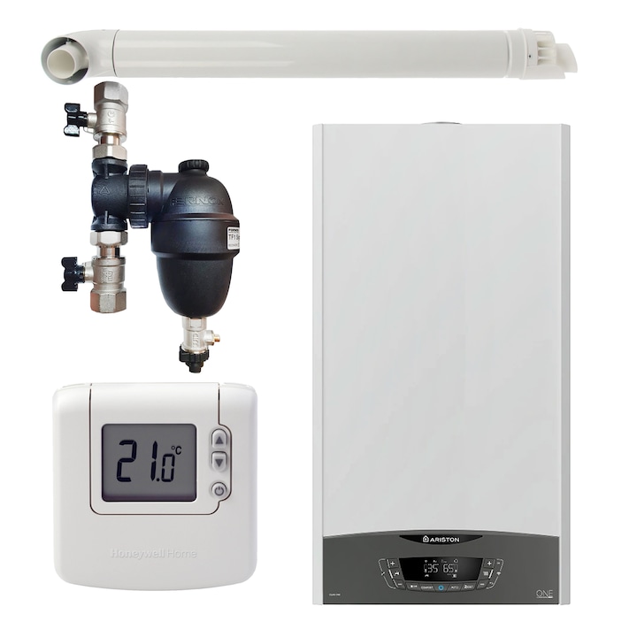 Wi-Fi Pachet centrala termica pe gaz in condensare, Ariston Clas One 35 kW, Wi-Fi, murala, termostat Honeywell wireless DT92, filtru antimagnetita Fernox F1 Sigma si kit evacuare RTM incluse