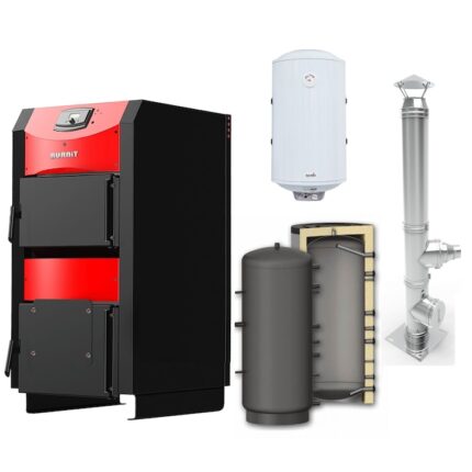 Centrala pe lemn / combustibil solid ​Sunsystem Burnit NWB PRIME 40 kW echipat cu, Puffer P 1000l, Cos inox 6 ml 200 mm, Boiler Termoelectric 100l