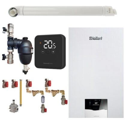 Pachet centrala termica Vaillant VUW 32CS/1-5 ecoTEC Plus 27 kW, termostat Honeywell wireless DT4R, filtru antimagnetita Fernox F1 Sigma, kit montaj complet RTM si kit evacuare RTM incluse