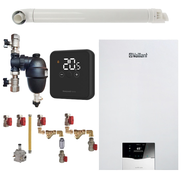 filtru antimagnetita Fernox F1 Sigma Pachet centrala termica Vaillant VUW 32CS/1-5 ecoTEC Plus 27 kW, termostat Honeywell wireless DT4R, filtru antimagnetita Fernox F1 Sigma, kit montaj complet RTM si kit evacuare RTM incluse