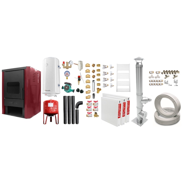 Set Termosemineu pe lemne, brichete si carbune Fornello Rimini Bordeaux 18 kW, Teava, Radiatoare, Cos Inox, Kit evacuare, Boiler, Vas Expansiune, Pompa si Fitinguri