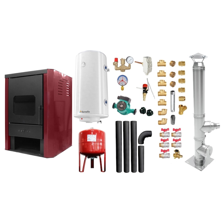 Set Termosemineu pe lemne, brichete si carbune Fornello Rimini Bordeaux 18 kW, Boiler, Vas Expansiune, Pompa, Cos inox si Fitinguri