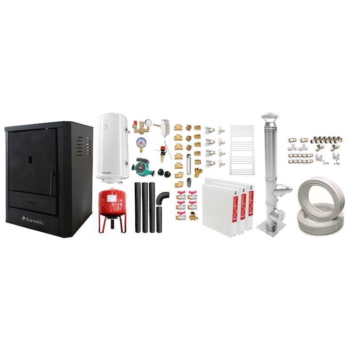 Set Centrala) pe lemne, brichete si carbune Fornello Rimini Black 18 kW, Teava, Radiatoare Otel, Cos Inox, Kit evacuare interior, Boiler Termoelectric, Vas Expansune, Pompa si Fitinguri Montaj