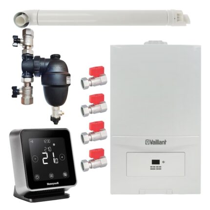 Pachet centrala termica Vaillant VUW 236/7-2 ecoTEC Pure 23 kW, gaz natural + GPL, murala, termostat Wi-Fi Honeywell Lyric T6R, filtru antimagnetita Fernox F1 Sigma, set robineti Fornara si kit evacuare RTM incluse