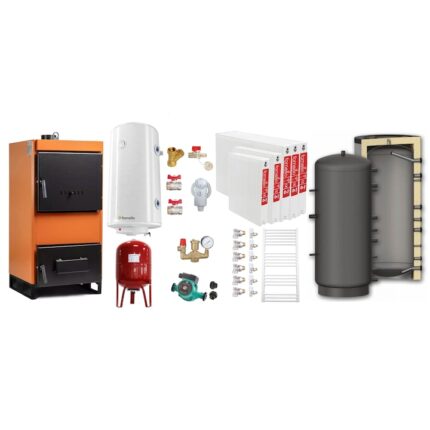 Set Centrala pe combustibil solid Fiama W 35 kW, Puffer 1000 litri, Radiatoare Otel, Boiler Termoelectric, Vas Expansune, Pompa si Fitinguri Montaj