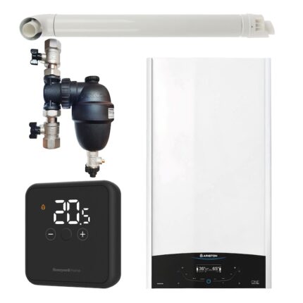 Pachet centrala termica in condensare Ariston GENUS ONE+ WI-FI 24, 24 kW, gaz natural + GPL, murala, Wi-Fi, termostat Honeywell wireless DT4R, filtru antimagnetita Fernox F1 Sigma si kit evacuare RTM incluse