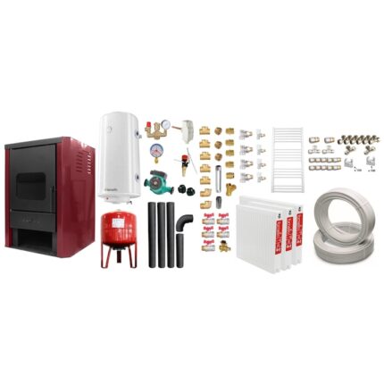 Set Termosemineu pe lemne, brichete si carbune Fornello Rimini Bordeaux 18 kW, Teava, Radiatoare, Boiler, Vas Expansiune, Pompa, Kit evacuare si Fitinguri