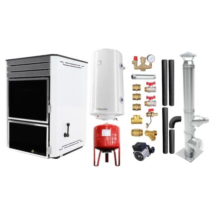 Pachet Termosemineu pe lemn Fornello Dila Eco 29 kw, pompa circulare, vas expansiune, cos evacuare, boiler si fitinguri montaj