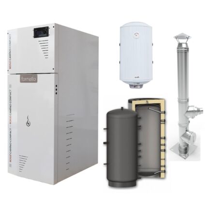Pachet Centrala termica compacta pe peleti Fornello Rossi Camino Compact 35 kw, pompa de circulatie, vas expansiune, tiraj fortat, Ecodesign, A+, Puffer P 500l, Cos inox 6 ml 120 mm, Boiler Termoelectric Fornello 100l