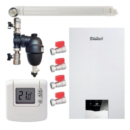 Pachet centrala termica Vaillant VUW 26CS/1-5 ecoTEC Plus 21 kW, termostat Honeywell wireless DT92, filtru antimagnetita Fernox F1 Sigma, set robineti Fornara si kit evacuare RTM incluse