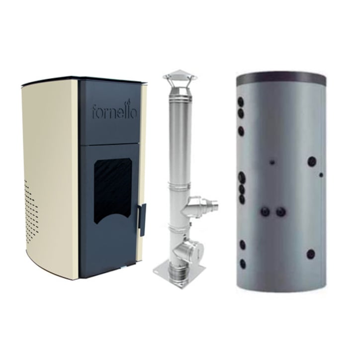 Termosemineu peleti Fornello Royal 25 kw, cos de fum inox izolat dn 120 6 metri si puffer 500 litri