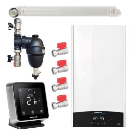 Pachet centrala termica in condensare Ariston GENUS ONE+ WI-FI 35, 35 kW, gaz natural + GPL, murala, WI-FI, termostat Wi-Fi Honeywell Lyric T6R, filtru antimagnetita Fernox F1 Sigma, set robineti Fornara si kit evacuare RTM incluse