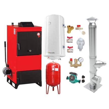 Set Centrala pe combustibil solid Fiama D2-40 Putere 46 kW, cu Ventilator si Automatizare, Cos inox, Boiler Termoelectric, Pompa, Vas Expansiune si Fitinguri