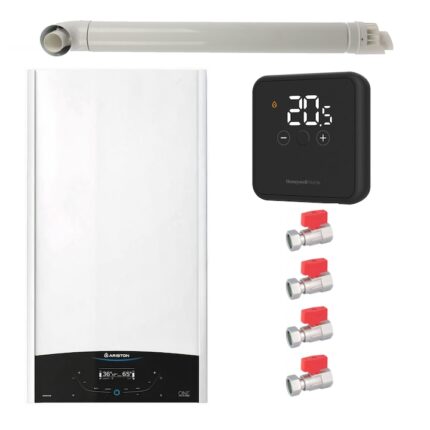 Pachet centrala termica in condensare Ariston GENUS ONE+ WI-FI 35, 35 kW, gaz natural + GPL, termostat Honeywell DT4R, set robineti Fornara si kit evacuare RTM incluse