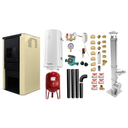 Set Termosemineu pe lemne, brichete si carbune Fornello Monza Ivory 27 kW, Cos inox, Kit evacuare interior, Boiler, Vas Expansiune, Pompa si Fitinguri