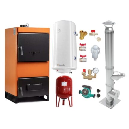 Set Centrala pe combustibil solid Fiama W 45 kW, Cos inox, Boiler Termoelectric, Vas Expansune, Pompa si Fitinguri Montaj