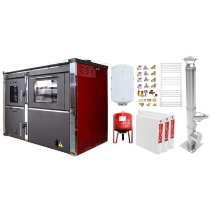Pachet 2 camere Termosemineu Fornello Star Red 34 kw pe combustibil solid pentru incalzire si gatit echipat cu pompa de cirulatie, cos inox, boiler termoelectric 100l, vas expansiune, calorifere si kit montaj