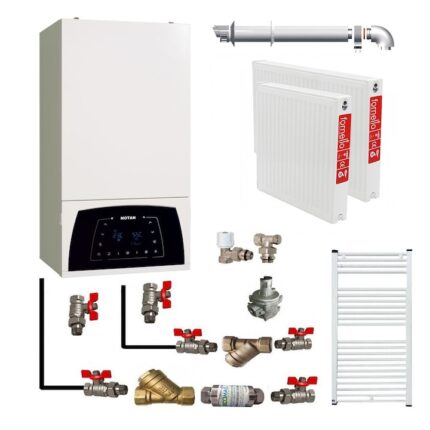 Pachet apartament cu o camera, centrala termica Motan Condens Plus 100 25 kW, condensatie, hidrobloc bronz, raport modulare 1:10, kit evacuare inclus, calorifere otel, kit armaturi centrala, robineti calorifer