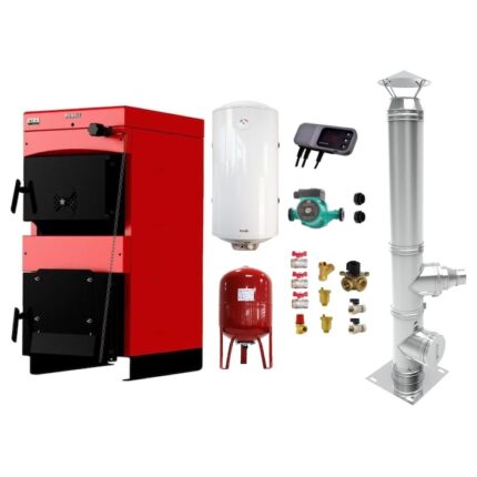 Set Centrala pe combustibil solid ​Sunsystem Burnit NWB MAX 35 kW, cos inox, boiler termoelectric, vas expansiune, pompa circulare, controller pompa, fitinguri montaj