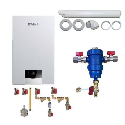 Pachet centrala termica Vaillant VUW 40CS/1-5 ecoTEC Plus 37.7 kW, kit evacuare, filtru antimagnetita RTM si kit montaj complet RTM incluse