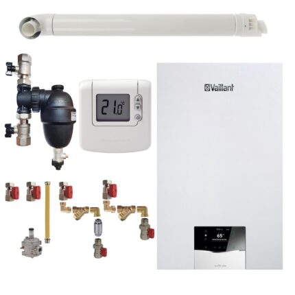 Pachet centrala termica Vaillant VUW 40CS/1-5 ecoTEC Plus 37.7 kW, termostat Honeywell wireless DT92, filtru antimagnetita Fernox F1 Sigma, kit montaj complet RTM si kit evacuare RTM incluse