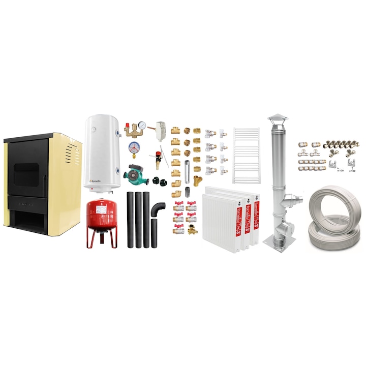 Set Termosemineu pe lemne, brichete si carbune Fornello Rimini Ivory 18 kW, Teava, Radiatoare, Cos Inox, Kit evacuare, Boiler, Vas Expansiune, Pompa si Fitinguri