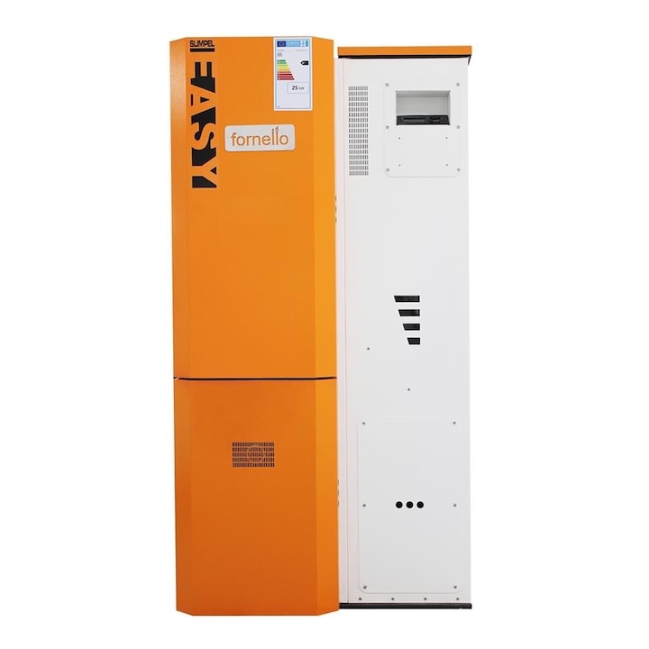 Centrala pe peleti Fornello Slimpel Easy 25 kw, arzator inox, sistem curatare arzator, pompa de circulatie, tiraj fortat 80 mm, buncar 135 litri, pompa electronica Grundfos, sistem curatare mecanica schimbator de caldura, A+
