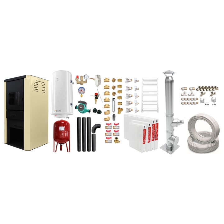 Set Termosemineu pe lemne, brichete si carbune Fornello Monza Ivory 27 kW, Teava, Radiatoare, Cos inox, Kit evacuare interior, Boiler, Vas Expansiune, Pompa si Fitinguri