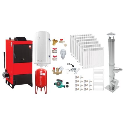 Set Centrala pe combustibil solid Fiama D2-60 Putere 70 kW, cu Ventilator si Automatizare, Cos Inox, Calorifere aluminiu, Boiler Termoelectric, Pompa, Vas Expansiune si Fitinguri
