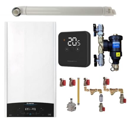 Pachet centrala termica in condensare Ariston GENUS ONE+ WI-FI 30, 30 kW, gaz natural + GPL, termostat Honeywell DT4R, filtru antimagnetita Caleffi Dirtmag 3/4", kit montaj complet RTM si kit evacuare incluse
