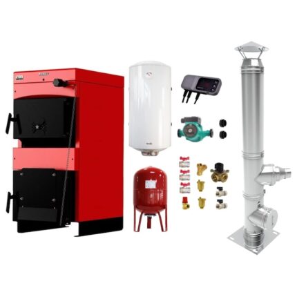 Set Centrala pe combustibil solid ​Sunsystem Burnit NWB MAX 45 kW, cos inox, boiler termoelectric, vas expansiune, pompa circulare, controller pompa, fitinguri montaj