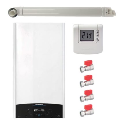 Pachet centrala termica in condensare Ariston GENUS ONE+ WI-FI 35, 35 kW, gaz natural + GPL, murala, termostat Honeywell DT92, set robineti Fornara si kit evacuare RTM incluse