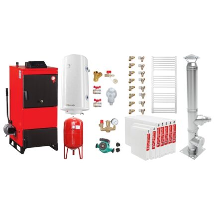 Set Centrala pe combustibil solid Fiama D2-60 Putere 70 kW, cu Ventilator si Automatizare, Cos inox, Radiatoare Otel, Boiler Termoelectric, Pompa, Vas Expansiune si Fitinguri