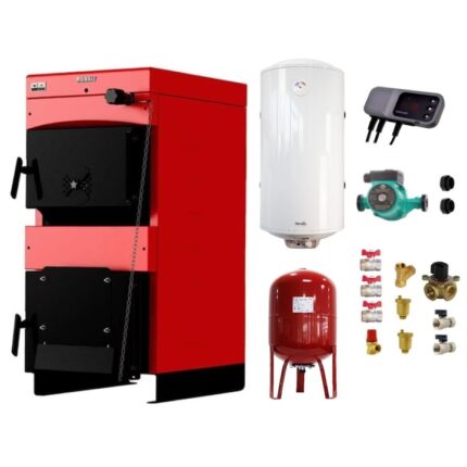 Set Centrala pe combustibil solid ​Sunsystem Burnit NWB MAX 45 kW, boiler termoelectric, vas expansiune, pompa circulare, controller pompa, fitinguri montaj