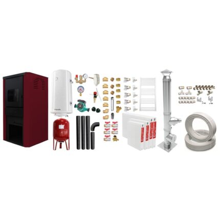 Set Termosemineu pe lemne, brichete si carbune Fornello Monza Bordeaux 27 kW, Teava, Radiatoare, Cos inox, Kit evacuare interior, Boiler, Vas Expansiune, Pompa si Fitinguri