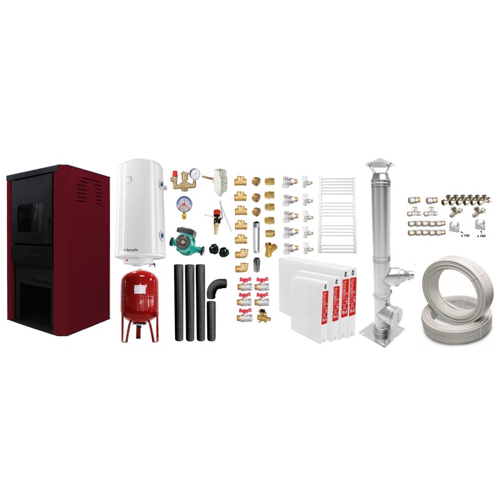 Set Termosemineu pe lemne, brichete si carbune Fornello Monza Bordeaux 27 kW, Teava, Radiatoare, Cos inox, Kit evacuare interior, Boiler, Vas Expansiune, Pompa si Fitinguri