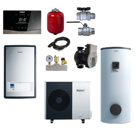 Pachet pompa de caldura aer-apa Vaillant 12 kW aroTHERM split VWL 125/5 A + Unitate interioara statie hidraulica VWL 127/5 IS + Buffer indirect tip VPS R100/1 M + Kit montaj RTM