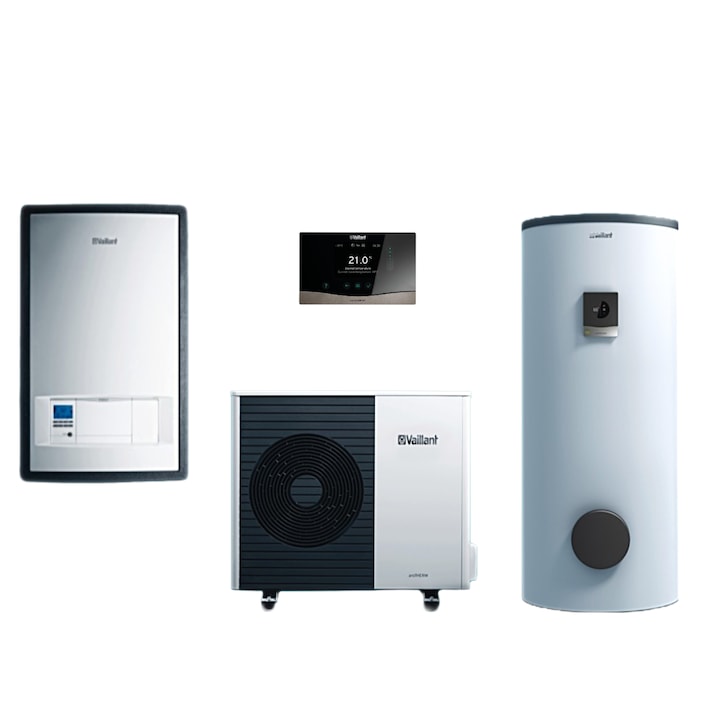Pompa de caldura aer apa 12 kW aroTHERM split 125/5 AS, 400V pentru 1 circuit incalzire/racire si ACM + Unitate interioara hydraulic station VWL 127/5 IS + Buffer indirect tip VPS R100/1 M