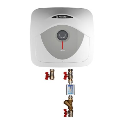 Pachet Boiler electric Ariston Andris RS 10 EU, 10 l, 1200 W, Led iluminat, Protectie electrica IPX1, Montare deasupra chiuvetei, Reglaj extern de temperatura, supapa de siguranta, si kit de montaj inclus